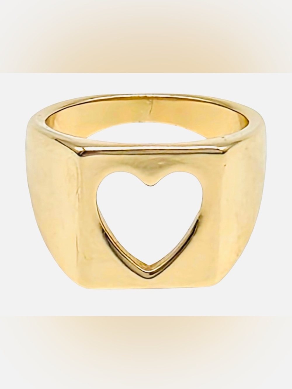 Sculptural Gold Tone Open Heart Signet Ring Bold Minimalist Runway Statement